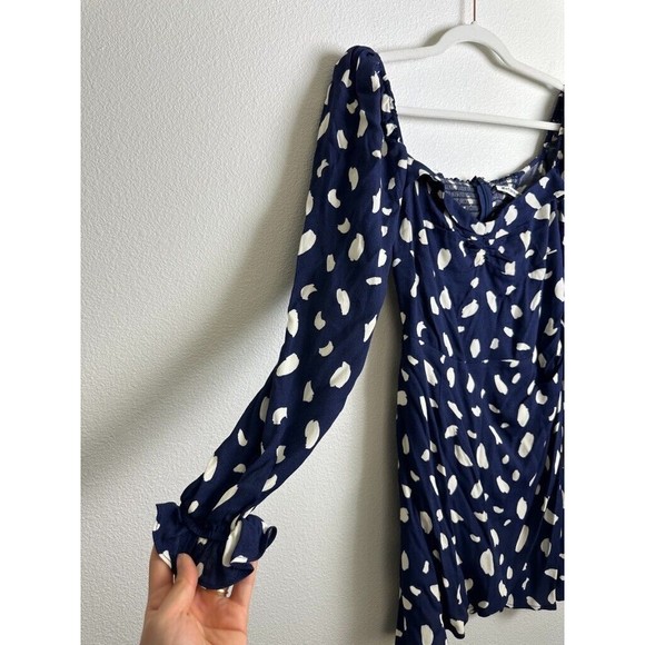 Reformation Women's Cami Mini Dress Splatter Puff Sleeve Navy White Size 4 - Picture 3 of 11